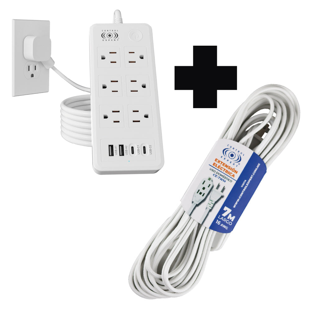 Extensión Eléctrica Blanca 7 Metros y Multicontacto 6 Tomas, 2 USB y 2 USB-C