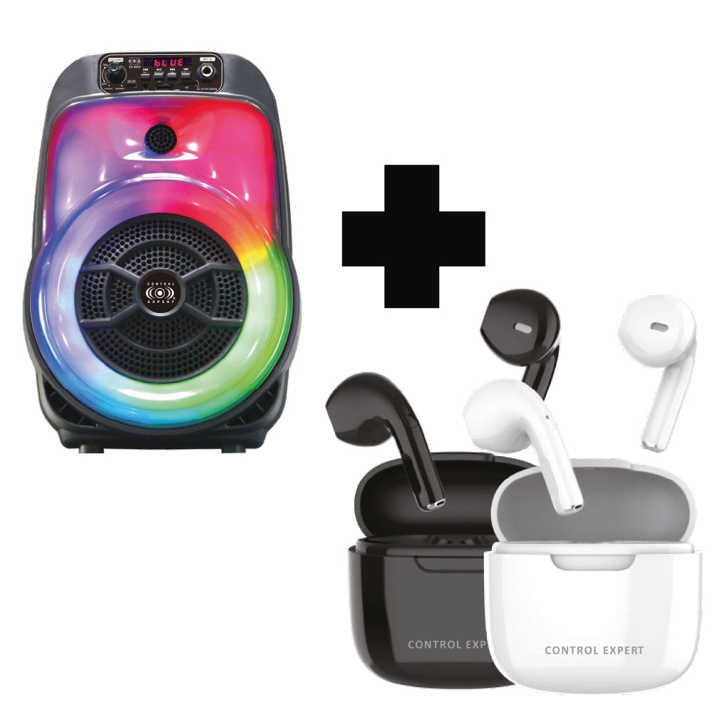 Bocina Bluetooth 6.5” con Micrófono y Control Remoto + Audífonos Bluetooth