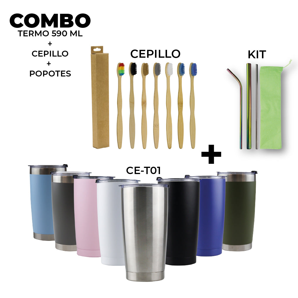kit de Termo acero con kit de popetes y Cepillo dental de bambu