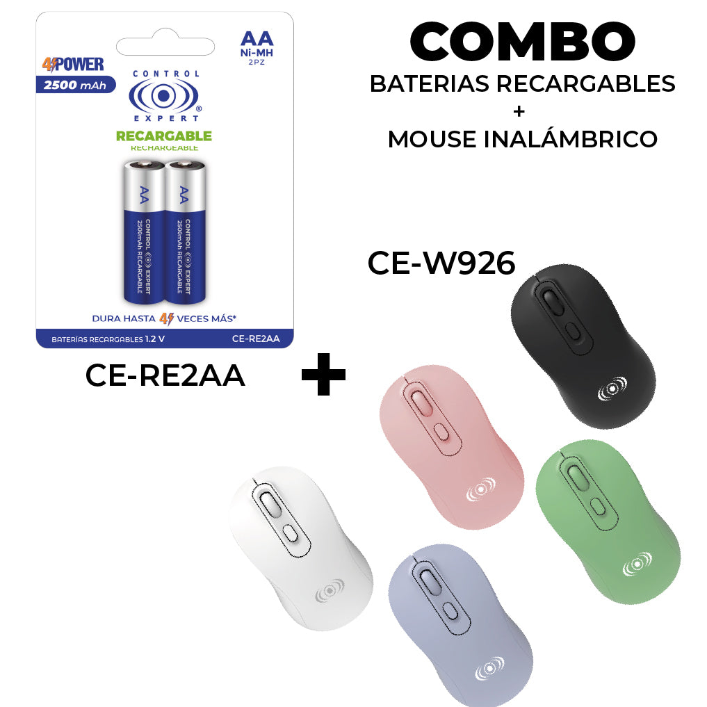 kit de Mouse inalambrico y 2PZ de  Batería AA Recargable