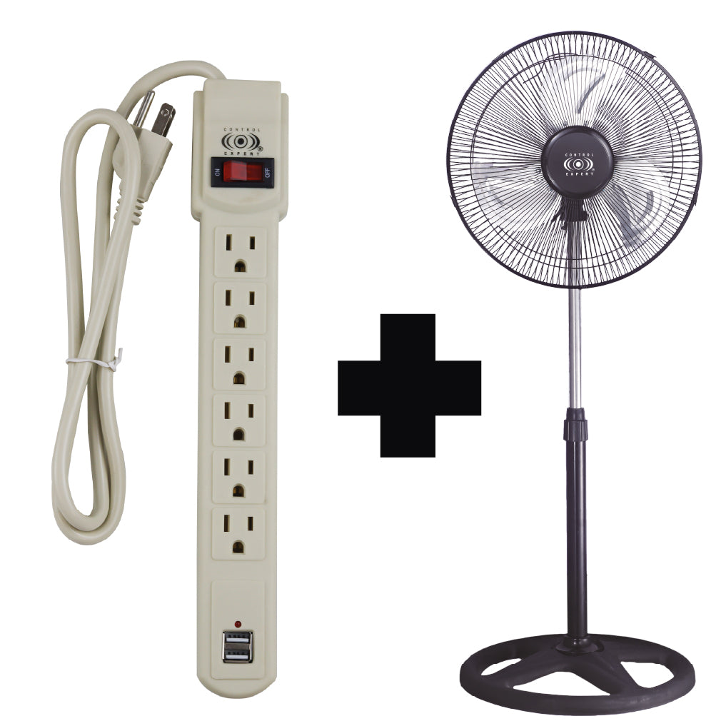 kit multicontacto 6 entrads y 2 USB mas ventilador pedestal de 16 pulgadas